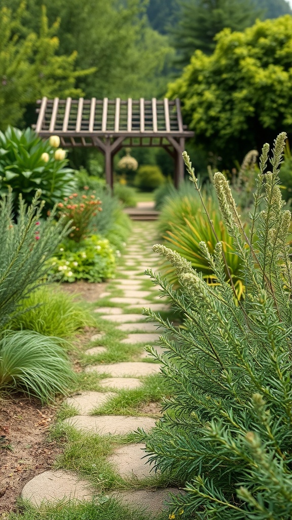 A stone pathway lined with lush greenery and herbs, leading to a wooden pergola in a garden.