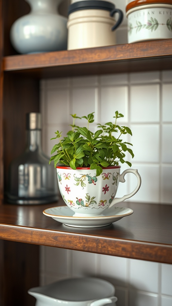 A decorative tea cup with a small herb plant on a wooden shelf.