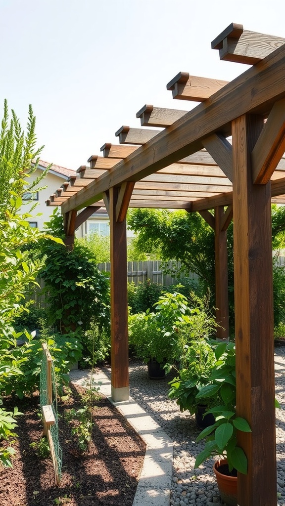 A beautiful herb garden under a wooden pergola with various potted plants.