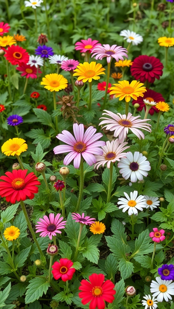 A vibrant herb garden featuring various colorful edible flowers.