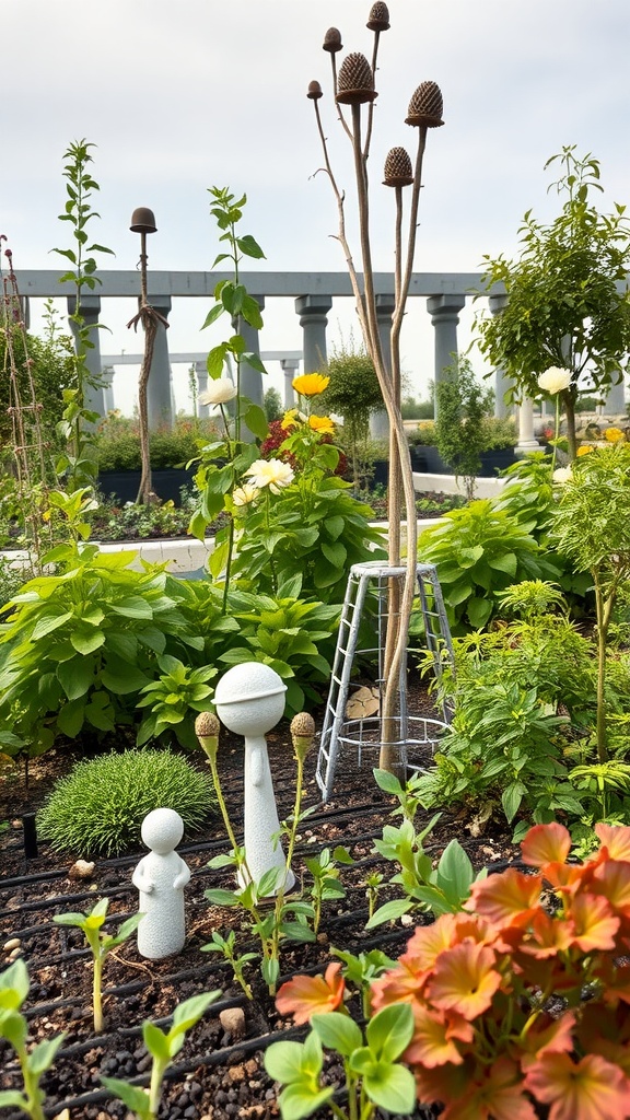A vibrant herb garden featuring decorative sculptures and plants.