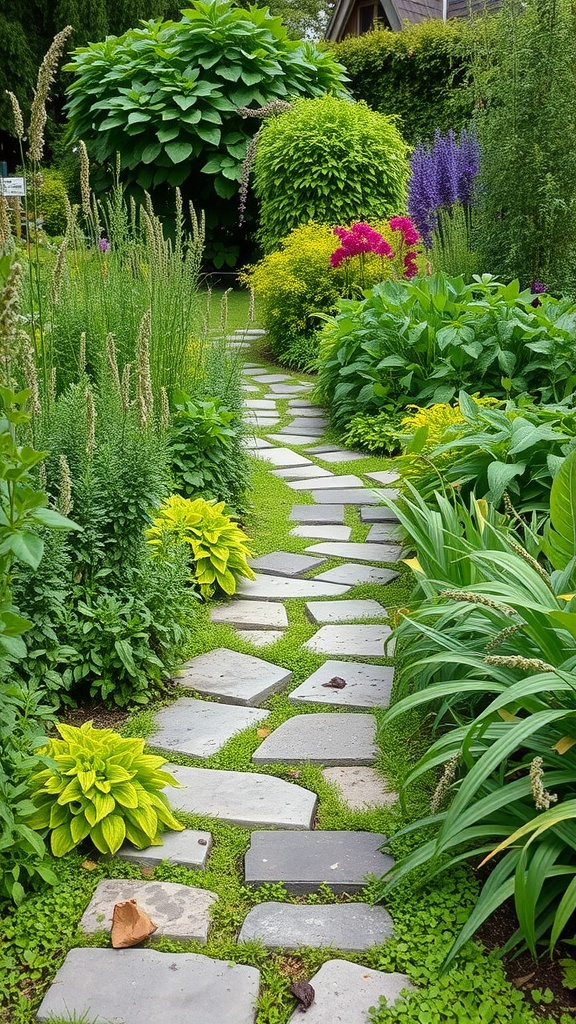 A beautiful herb garden featuring a stone pathway surrounded by lush greenery and colorful flowers.