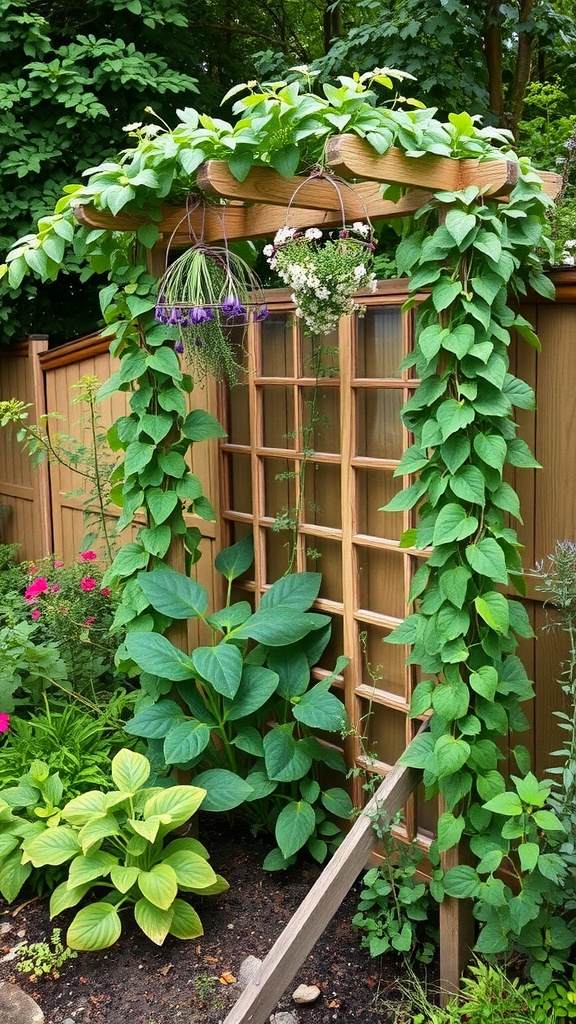 A wooden trellis adorned with climbing plants and hanging herb baskets in a garden setting.