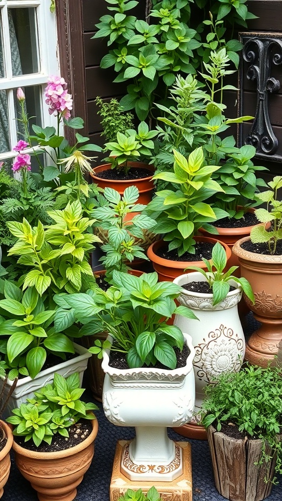A variety of potted herbs in a Victorian garden setting, showcasing different shapes and colors of pots.