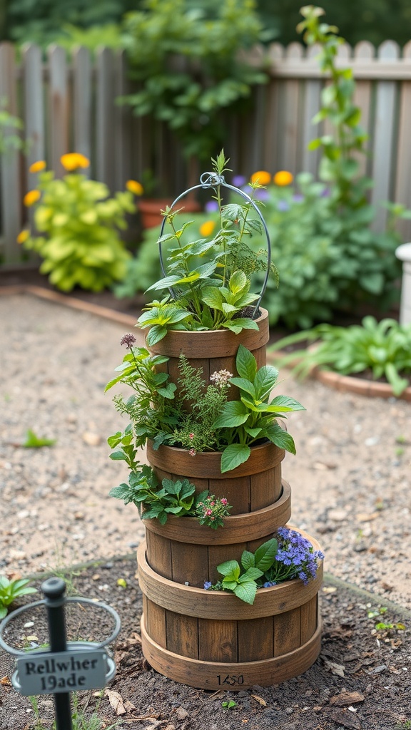 A tiered herb spiral garden made of wooden barrels, filled with various herbs and plants.