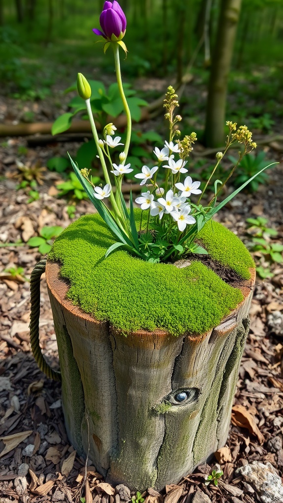 A hollow log planter filled with flowers and moss, set in a natural outdoor environment.