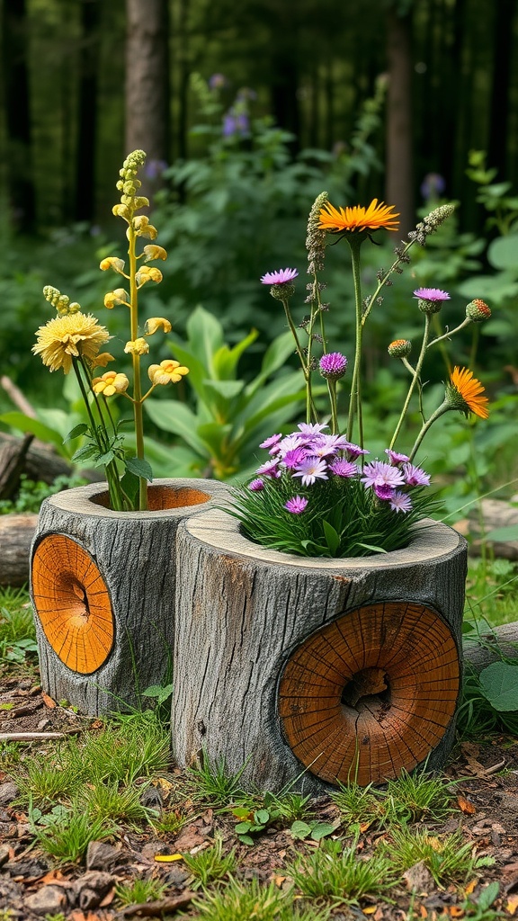 Two hollowed logs serving as planters with colorful flowers in a garden setting.