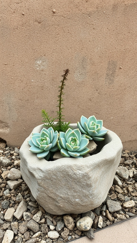 A hollowed stone planter with succulents and a small green plant, set on gravel.