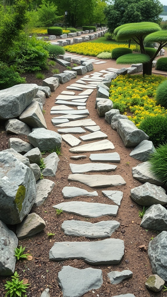 A winding pathway made of stone slabs, bordered by boulders and surrounded by lush greenery and flowers.
