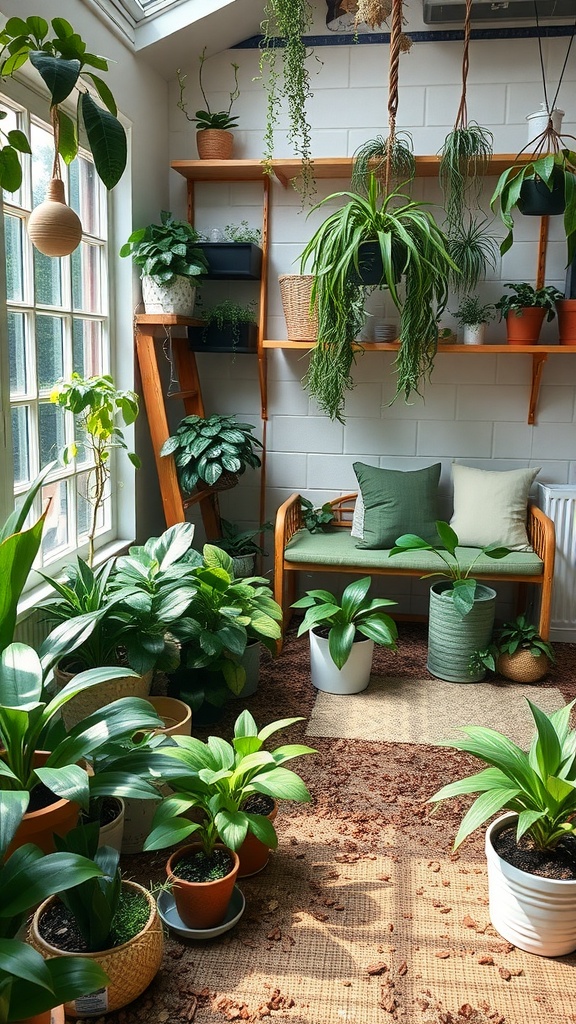 A cozy indoor garden with various plants, a seating area, and natural light.