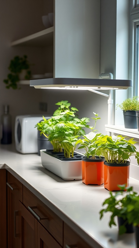 Indoor herb garden kit with various herbs growing in pots on a kitchen counter.