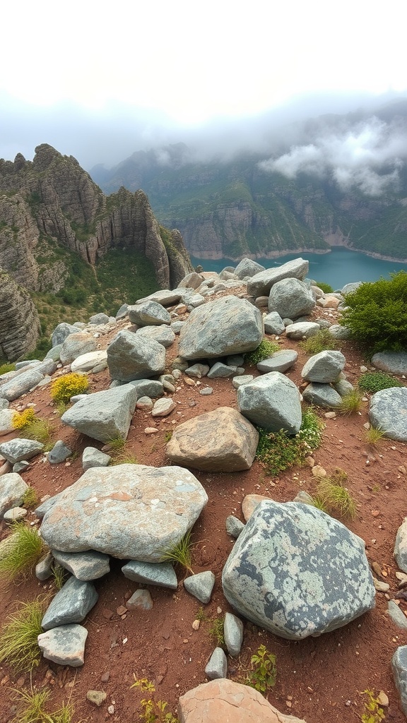 A rocky slope with various boulders and greenery in a natural setting.