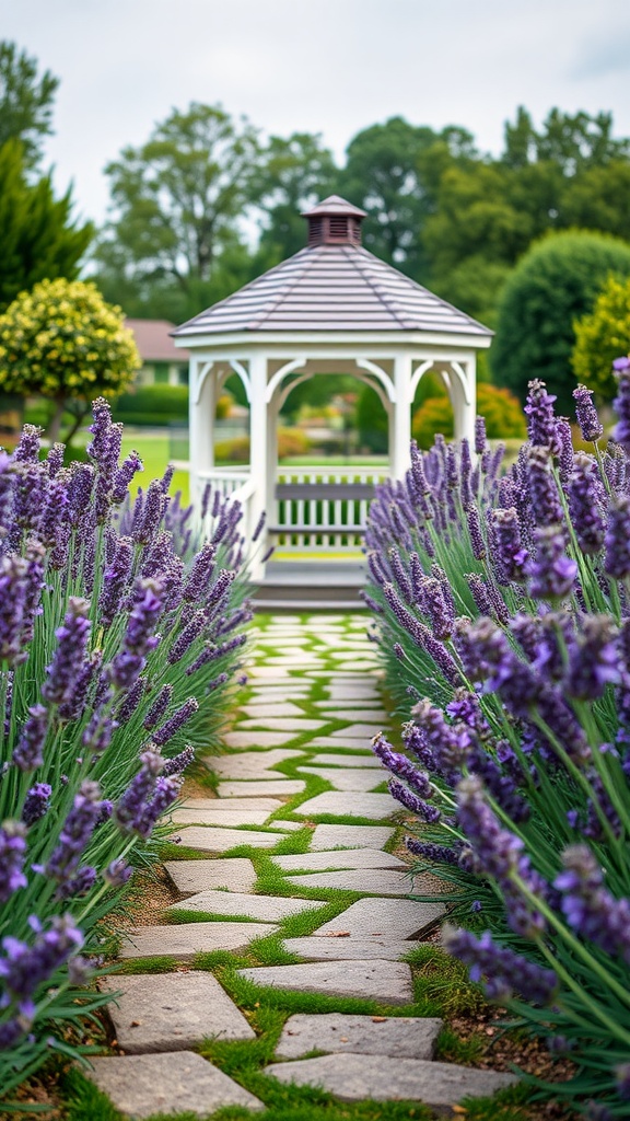 A stone pathway lined with lavender plants leading to a gazebo in a garden.