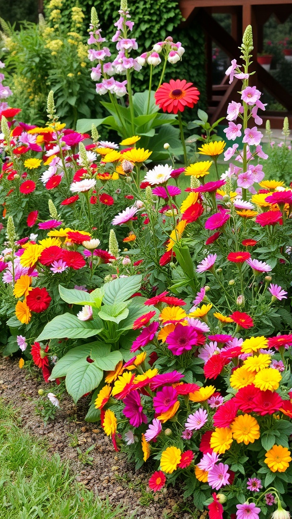 A vibrant flower border featuring a mix of colorful blooms in a garden.