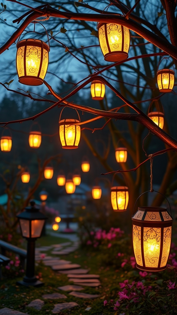 A garden pathway illuminated by hanging fairy lanterns, creating a magical atmosphere.