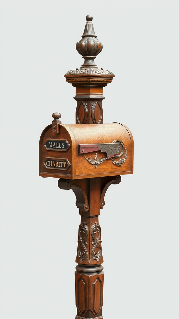 A decorative wooden mailbox with two slots labeled 'MALLS' and 'CHARITT', mounted on an ornate post.