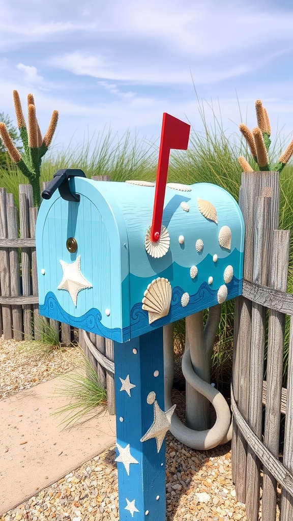 A coastal-themed mailbox painted in blue with seashells and starfish designs, featuring a bright red flag.