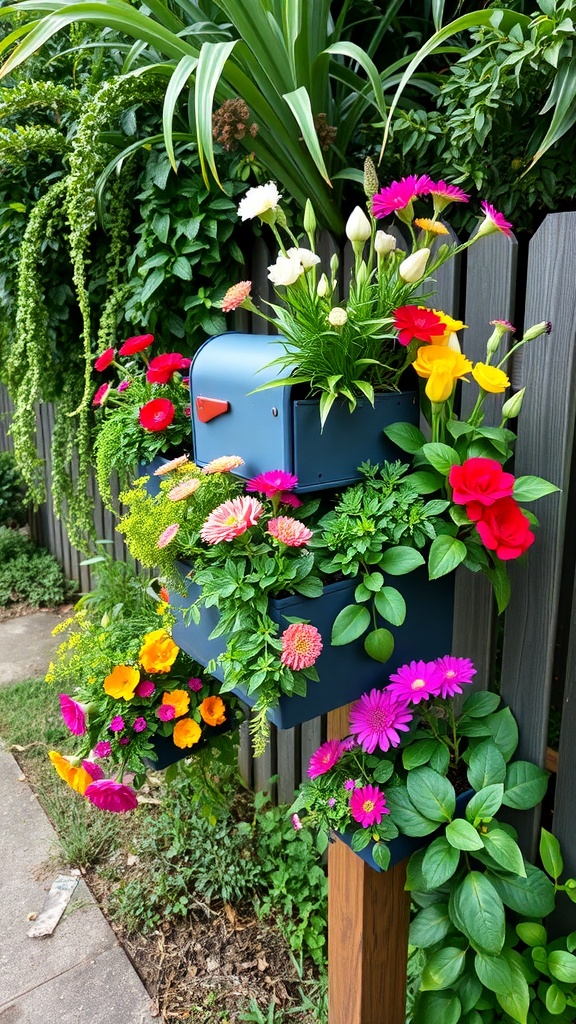A blue mailbox overflowing with colorful flowers and greenery, set against a lush background.
