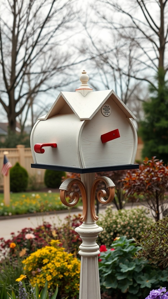 A unique mailbox shaped like a house with a peaked roof and red flag, surrounded by colorful flowers.