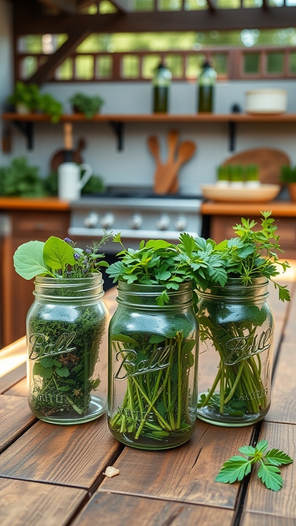 Three Mason jars filled with fresh herbs on a wooden table, with a kitchen background.