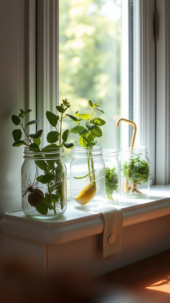 Mason jars filled with various herbs on a windowsill, with sunlight streaming in.
