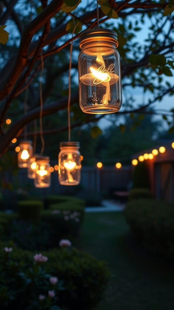 Mason jar lanterns hanging from a tree in a garden, illuminating the space with soft light.