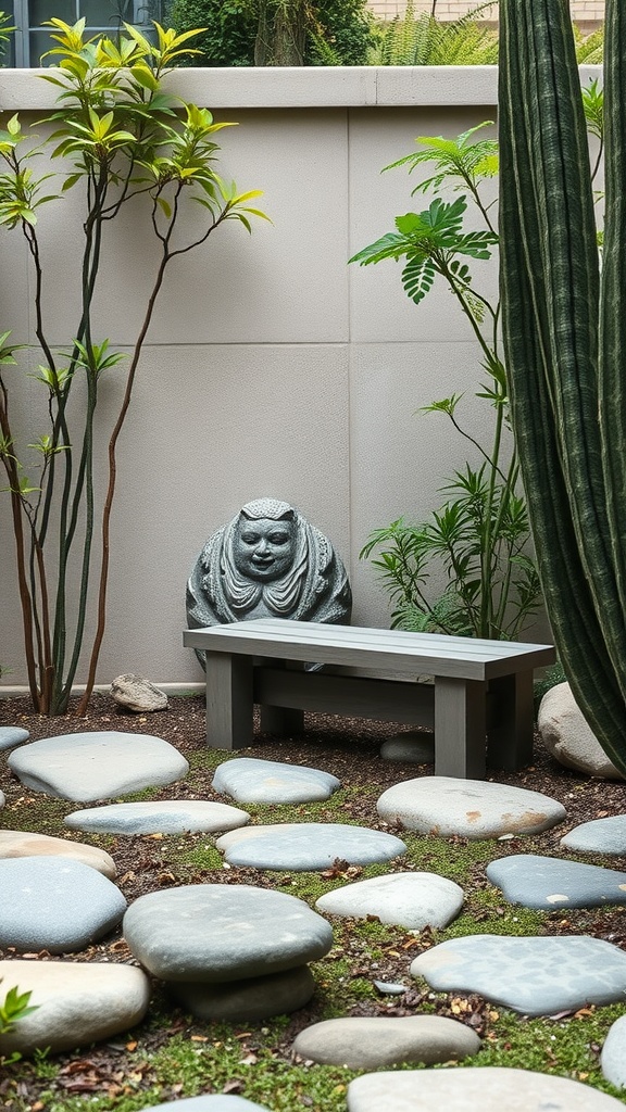 A peaceful meditation corner with a wooden bench, stones, and a statue surrounded by plants.
