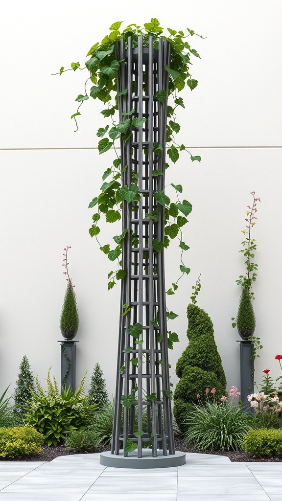 A tall metal trellis obelisk with climbing green plants in a garden setting.