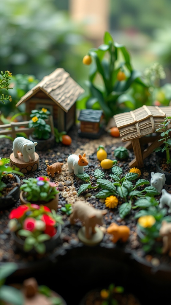 A miniature fairy farm scene with tiny animals, colorful flowers, and small buildings.