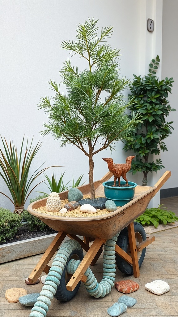 A wheelbarrow filled with sand, a small tree, decorative stones, and a figurine, creating a miniature tree oasis.