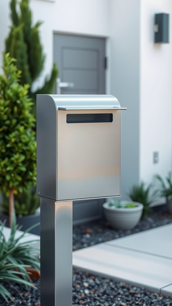 A modern minimalist mailbox made of stainless steel, featuring a rounded top and a narrow slot, placed in a contemporary home setting with greenery.