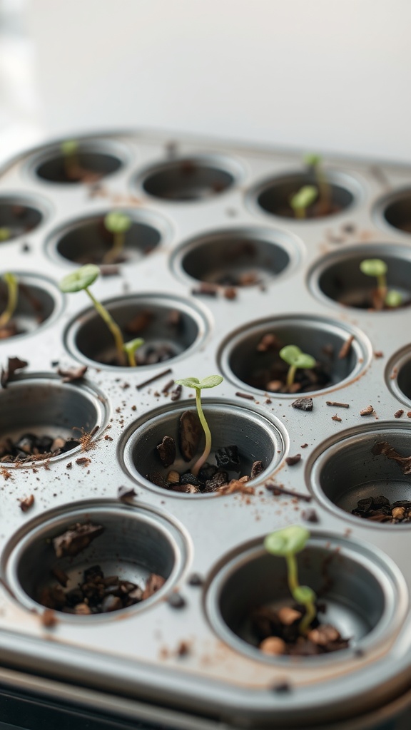 A muffin tin with small seedlings growing in each cup, showcasing a creative seed starting method.
