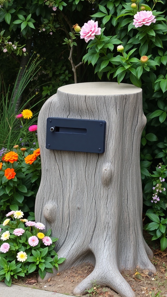 A mailbox designed to look like a tree stump, surrounded by colorful flowers.