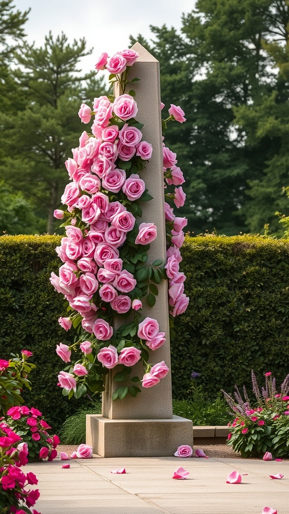 A stone obelisk covered in pink climbing roses in a garden setting