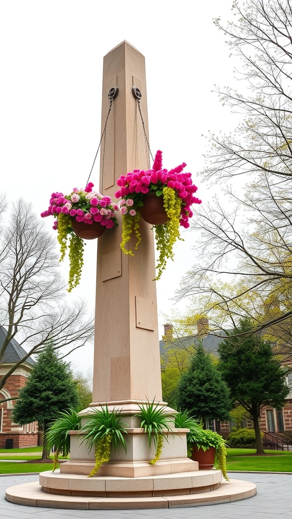 A tall garden obelisk with colorful hanging planters filled with flowers, surrounded by greenery.