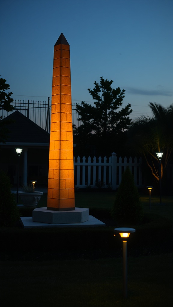 A tall obelisk illuminated with warm solar lights in a garden at dusk.