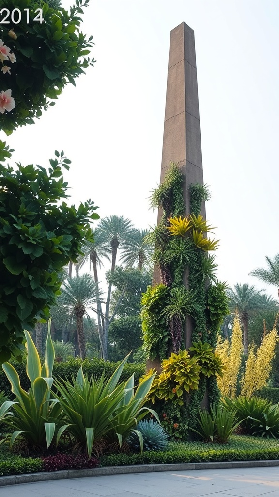 A tall obelisk covered with a vertical garden, surrounded by various plants in a lush garden setting.