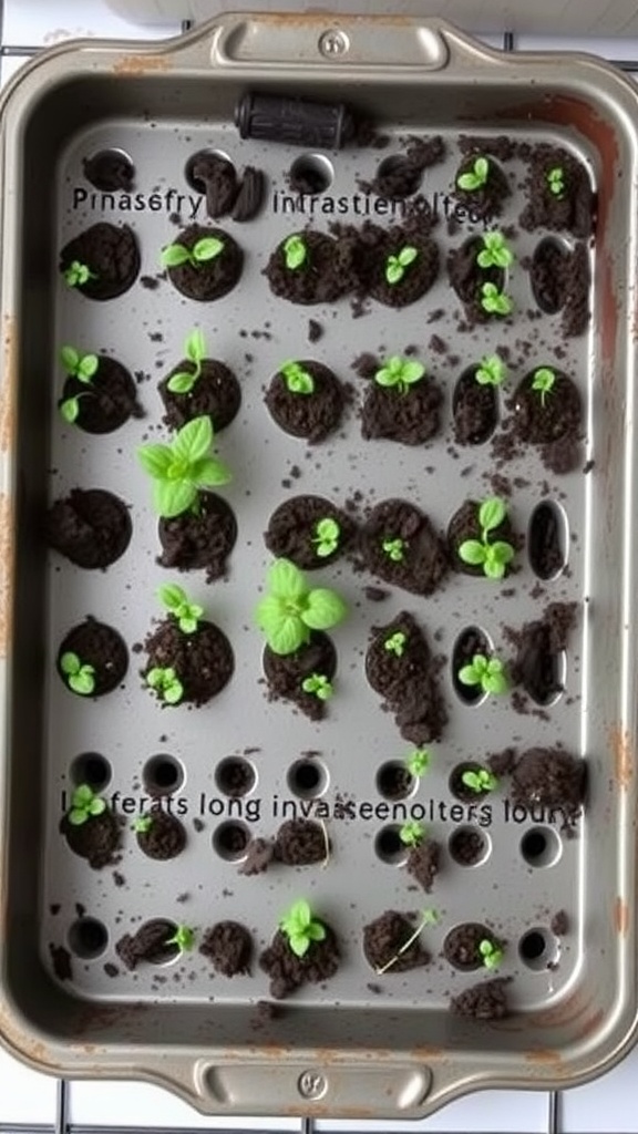 An old baking sheet filled with small soil clumps and green seedlings.