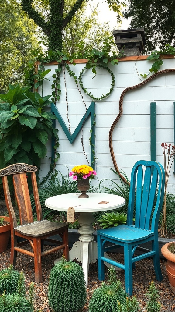 A cozy garden setup with a round white table and two mismatched chairs, surrounded by greenery and flowers.