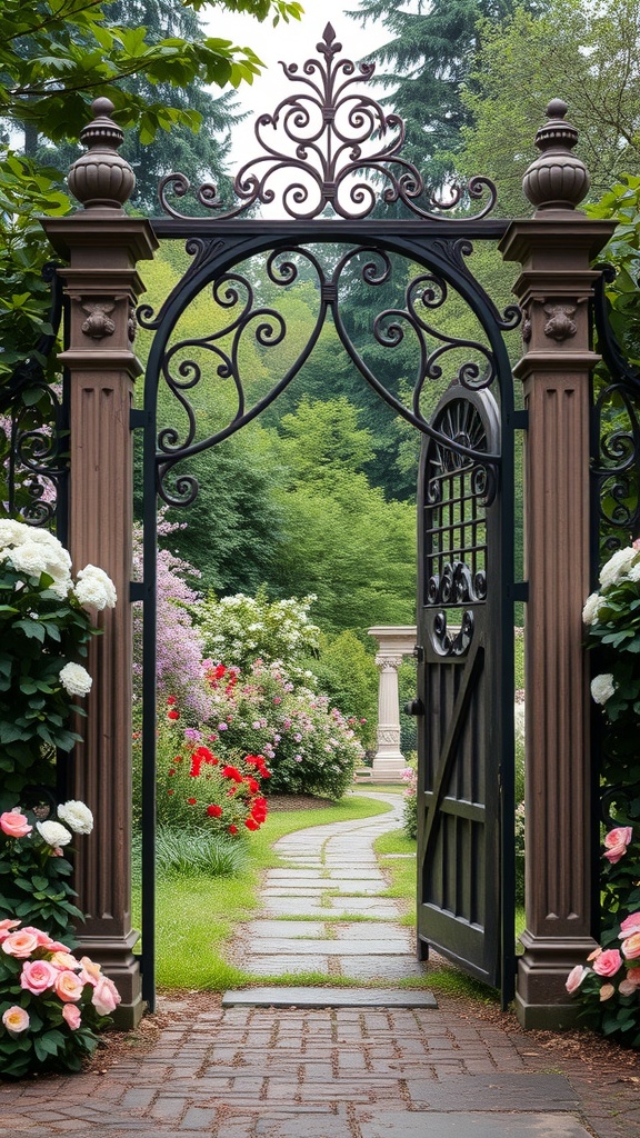 A vintage garden gate surrounded by colorful flowers and greenery.