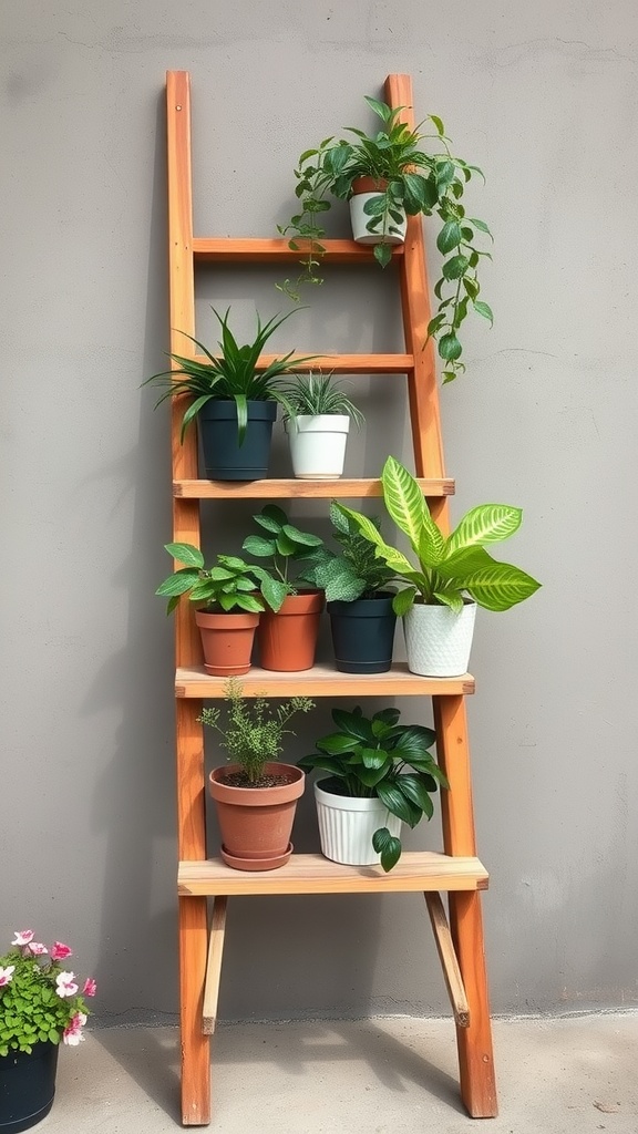 A wooden ladder repurposed as a plant stand with various potted plants.