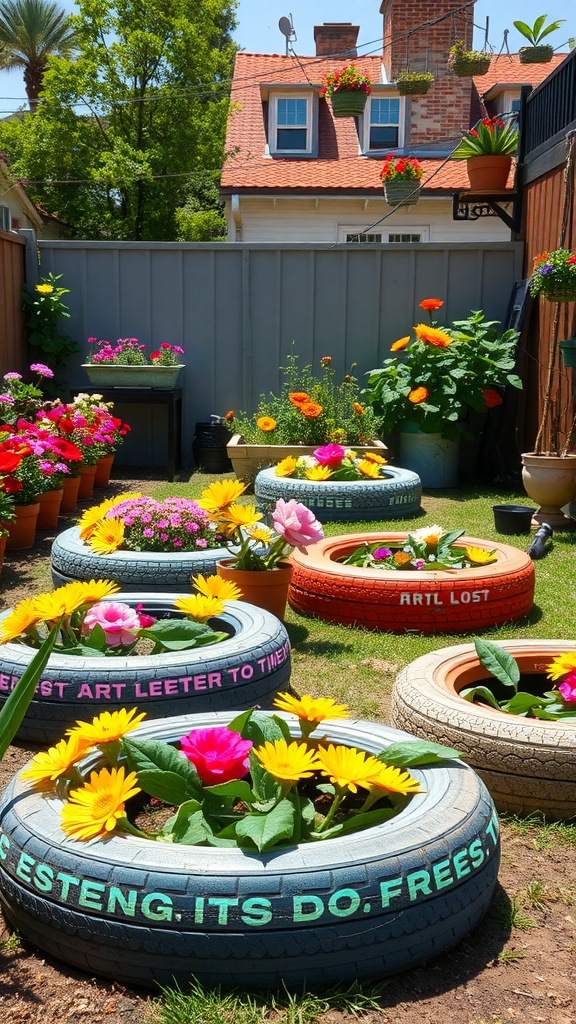 Colorful old tires used as flower beds filled with vibrant flowers in a garden.