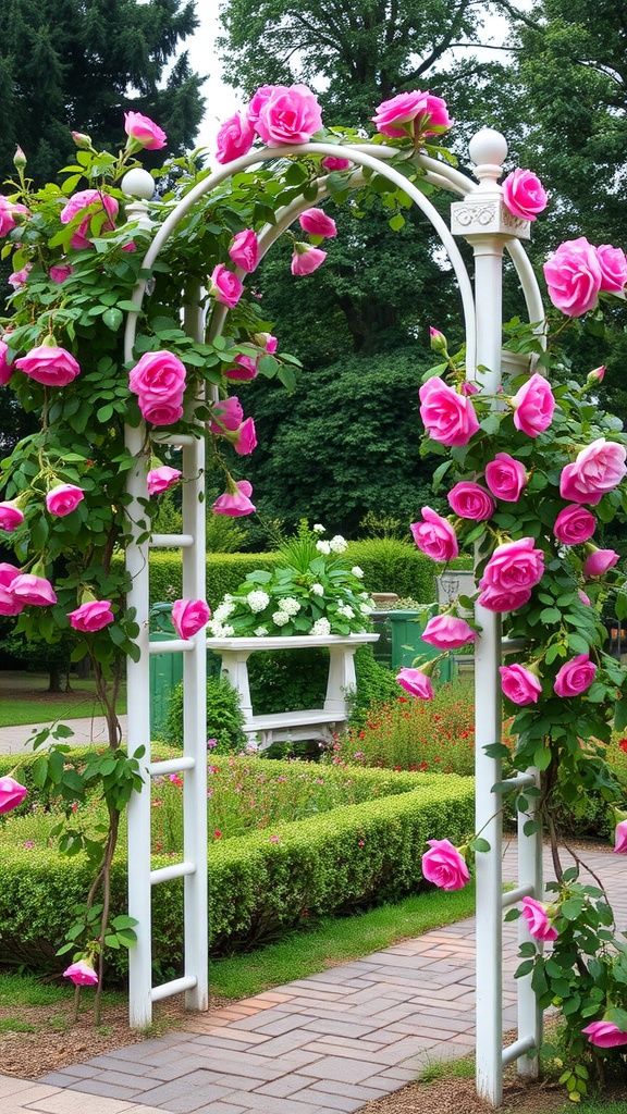 A white archway covered in pink roses in a garden setting.