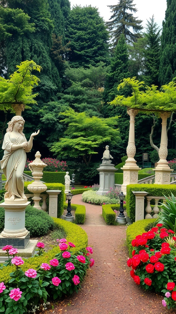 A Victorian garden featuring ornate statues, vibrant flowers, and lush greenery.