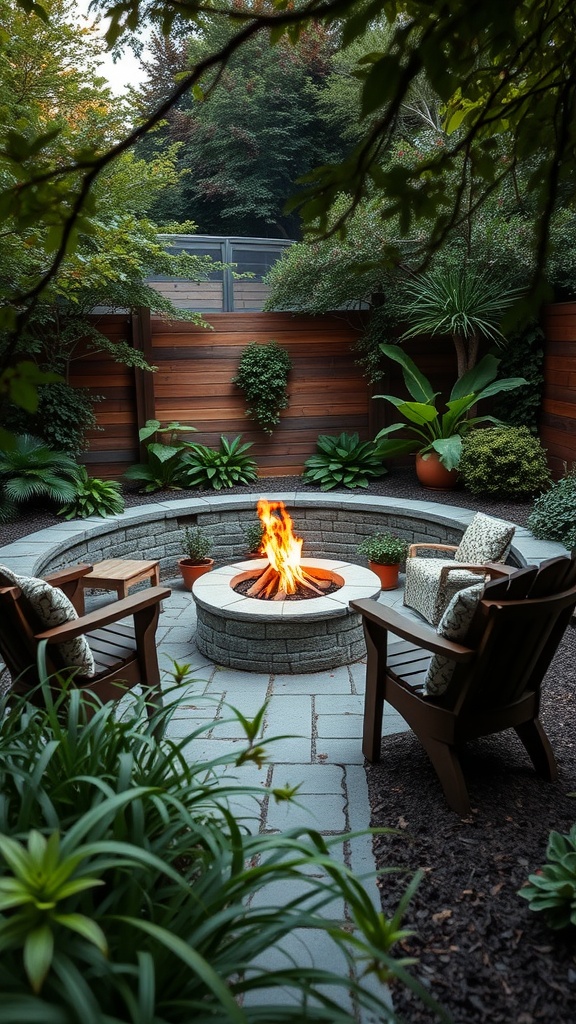 Cozy outdoor fire pit area with stone seating and lush greenery