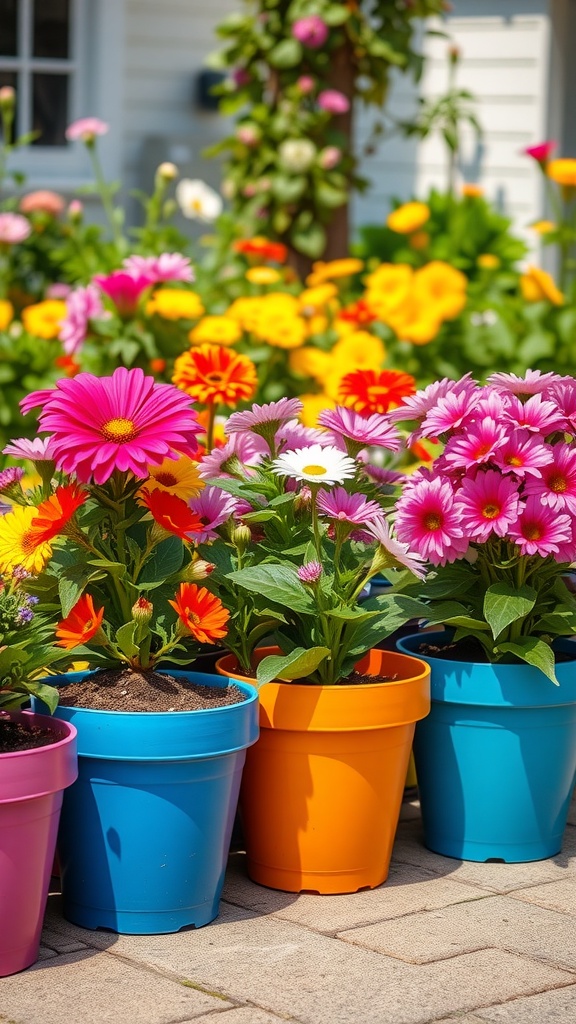 Colorful flower pots filled with vibrant flowers in a sunny garden setting.