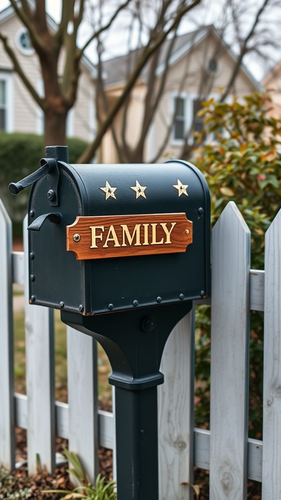 A personalized mailbox with the name 'FAMILY' on a wooden nameplate, set against a white picket fence.