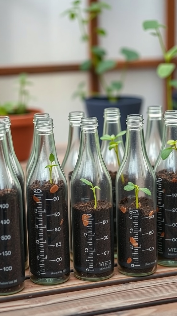 Plastic bottles used as seed starters with small plants growing inside.