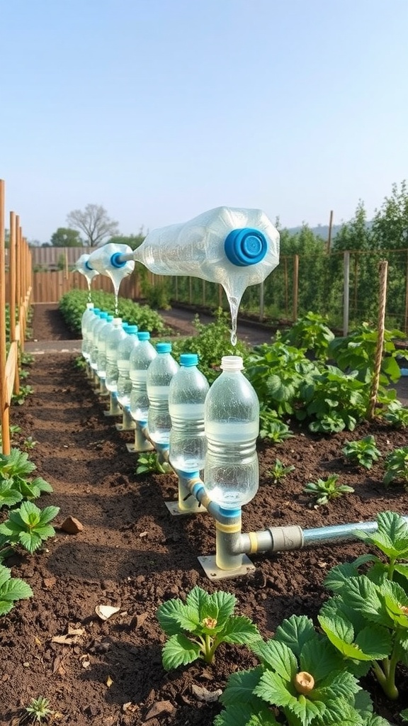 A row of plastic bottles used as a watering system in a garden, with plants growing around them.