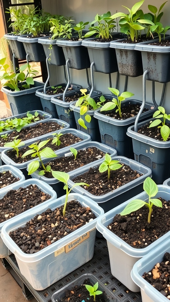 Image of plastic container seed trays with various seedlings growing in them.